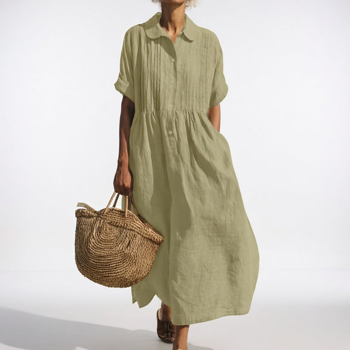Women's Cotton Long Sleeve Pleated Shirt Dress Autumn Midi Top