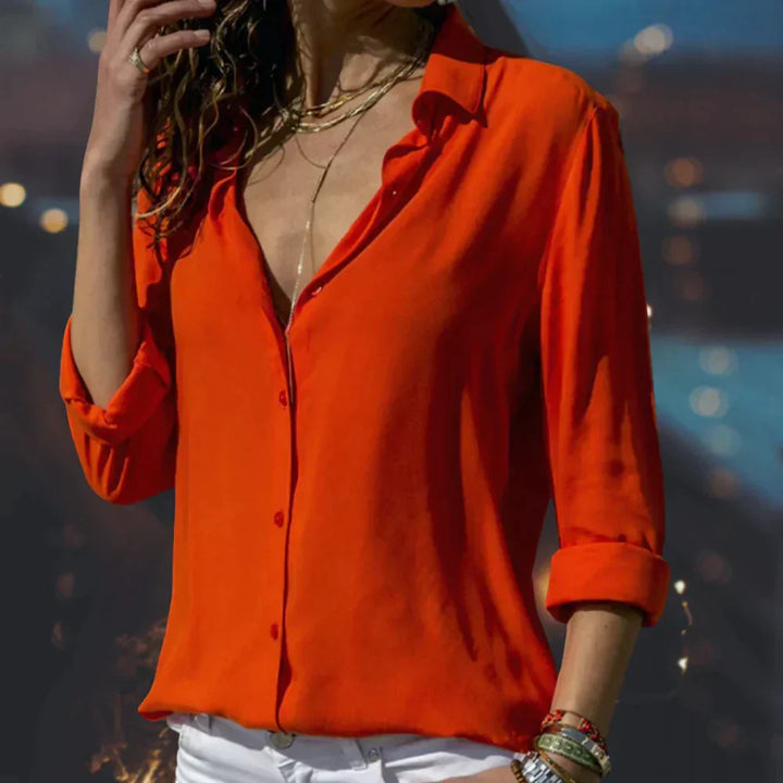 Women's Cotton Blouse with Classic Collar and Long Roll-Up Sleeves for Autumn
