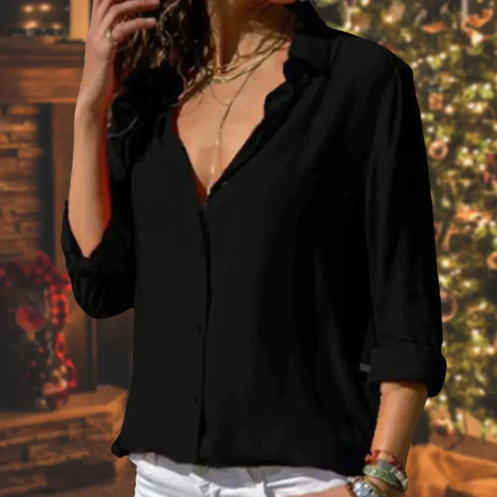Women's Cotton Blouse with Classic Collar and Long Roll-Up Sleeves for Autumn