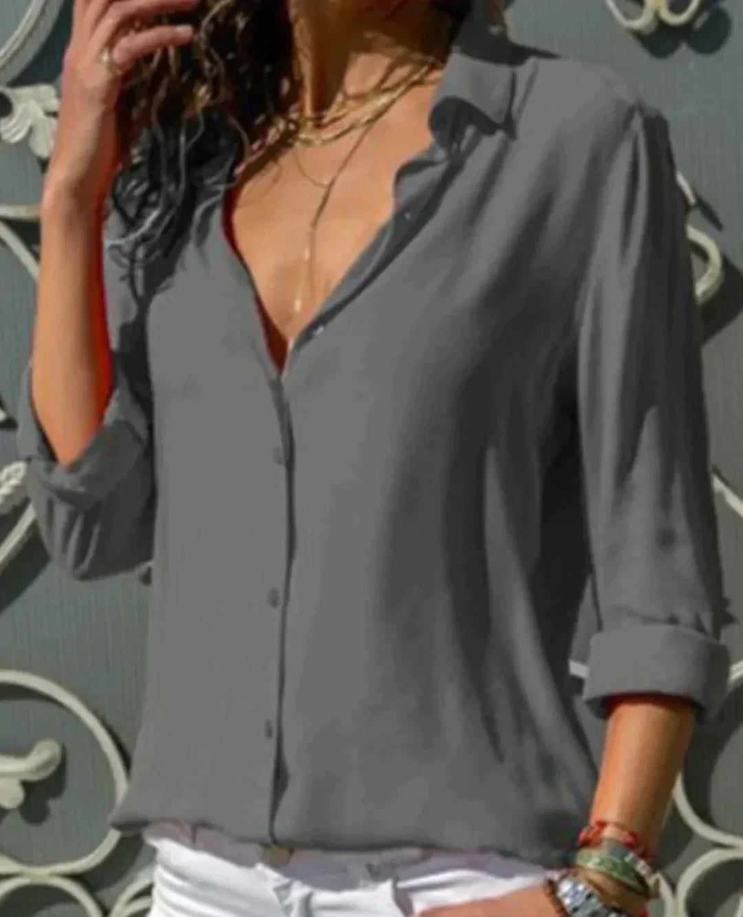 Women's Cotton Blouse with Classic Collar and Long Roll-Up Sleeves for Autumn