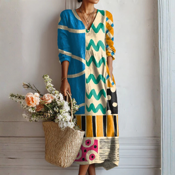 Women's Printed Linen Boho Midi Dress with V-Neck