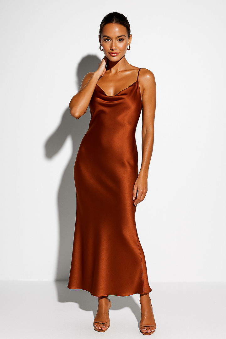 Women's Satin Midi Dress with Draped Neckline for Elegant Autumn Evening Events