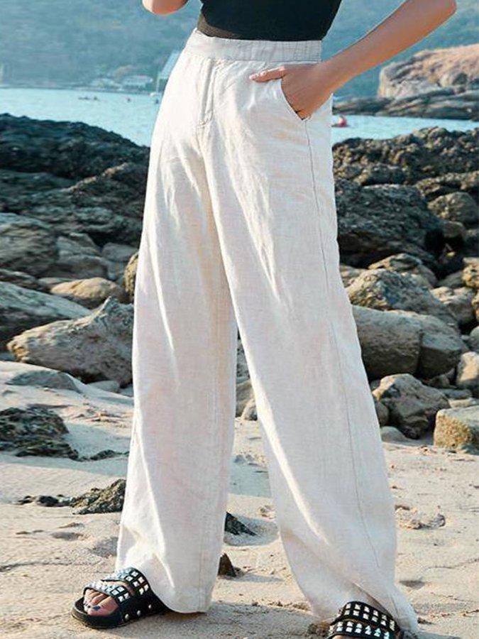 Women's Cotton Wide-Leg Pants with Elastic Waistband for Autumn Casual Wear