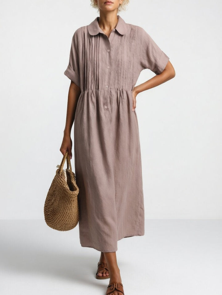 Women's Cotton Long Sleeve Pleated Shirt Dress Autumn Midi Top