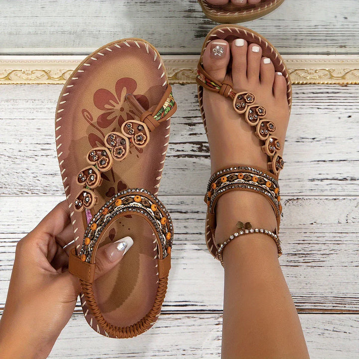 Women's Leather Bohemian Sandals with Beaded Straps for Autumn Casual Wear