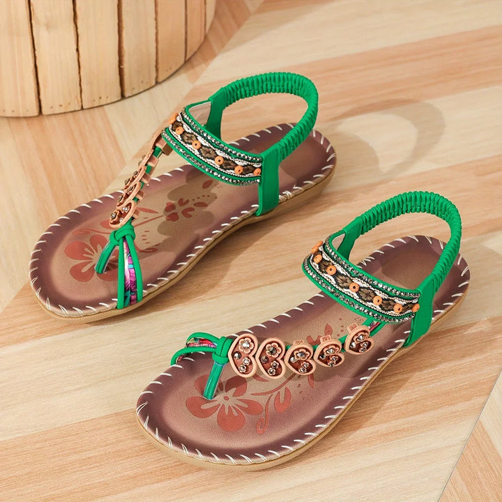 Women's Leather Bohemian Sandals with Beaded Straps for Autumn Casual Wear