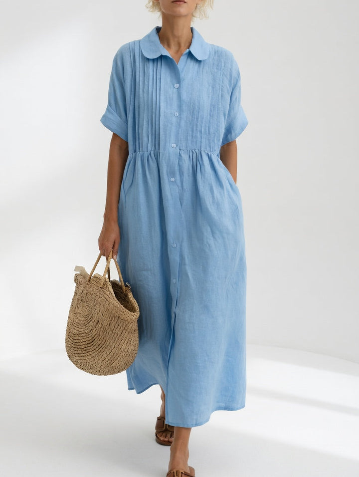 Women's Cotton Long Sleeve Pleated Shirt Dress Autumn Midi Top