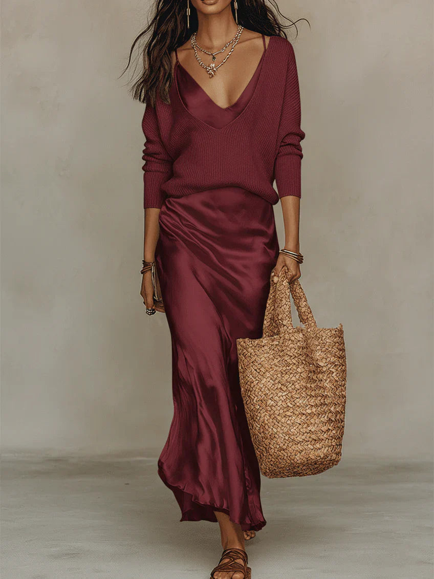 Women's Satin Maxi Dress with V-Neck Sweater Set, Elegant Autumn Outfit
