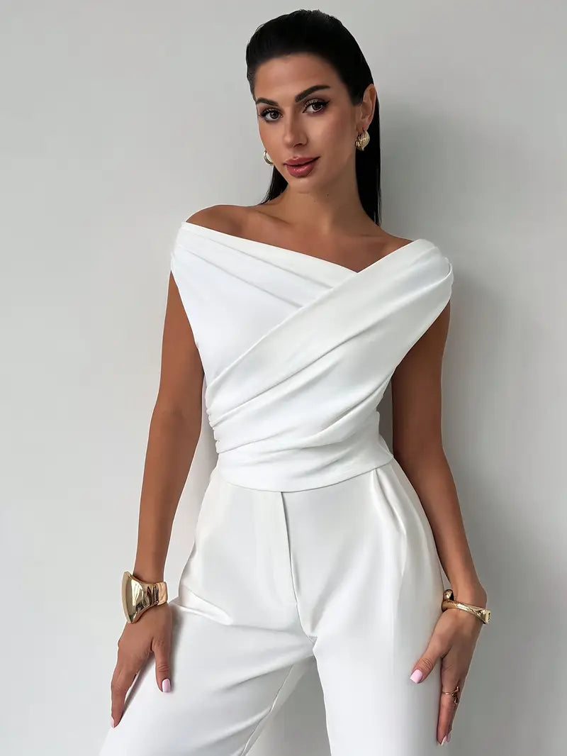 Women's Draped Shoulder Top in Cotton for Elegant Autumn Casual Wear
