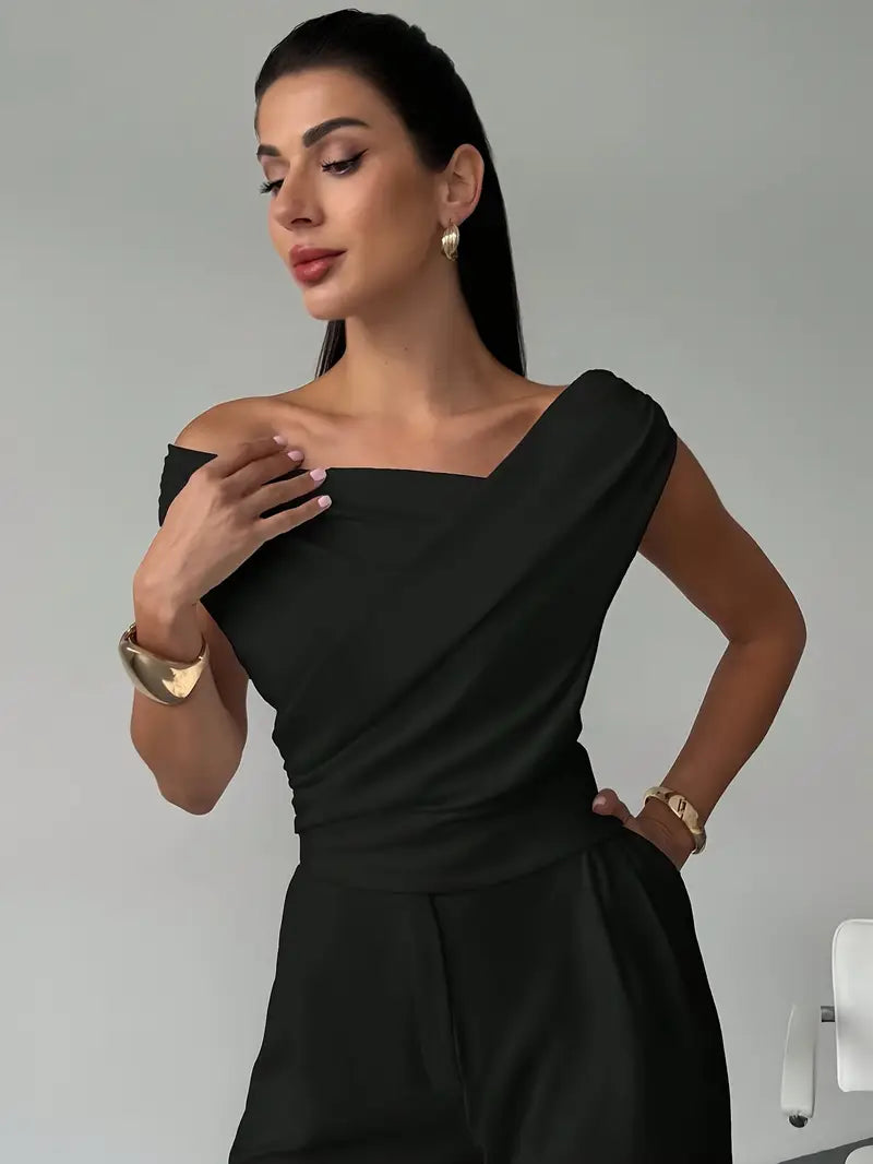 Women's Draped Shoulder Top in Cotton for Elegant Autumn Casual Wear