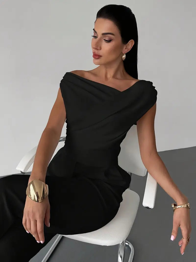 Women's Draped Shoulder Top in Cotton for Elegant Autumn Casual Wear