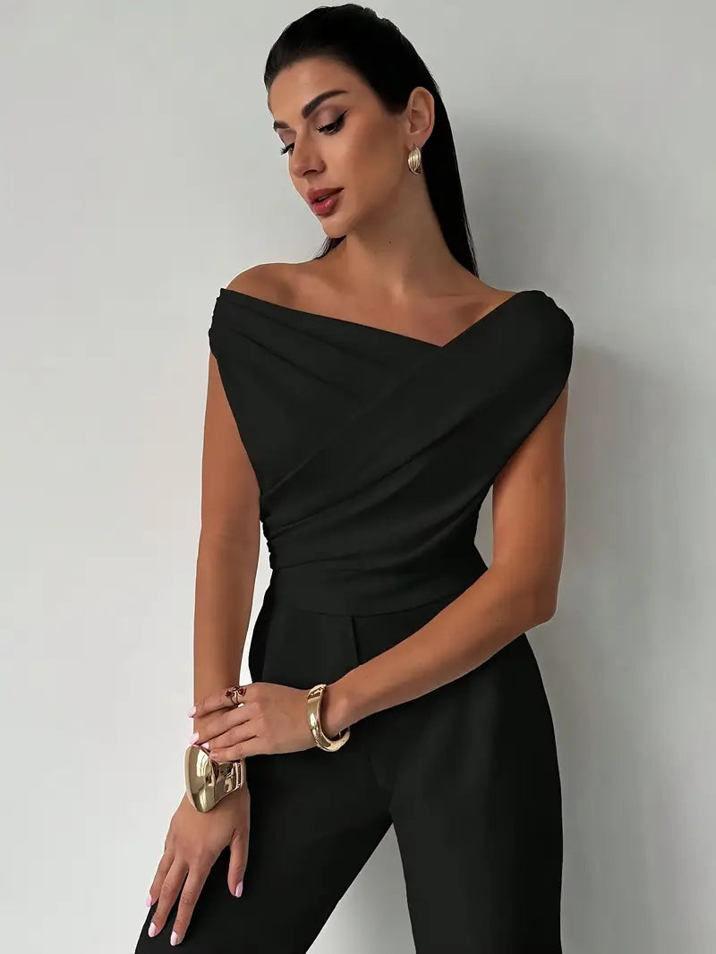 Women's Draped Shoulder Top in Cotton for Elegant Autumn Casual Wear