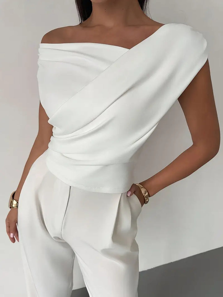 Women's Draped Shoulder Top in Cotton for Elegant Autumn Casual Wear
