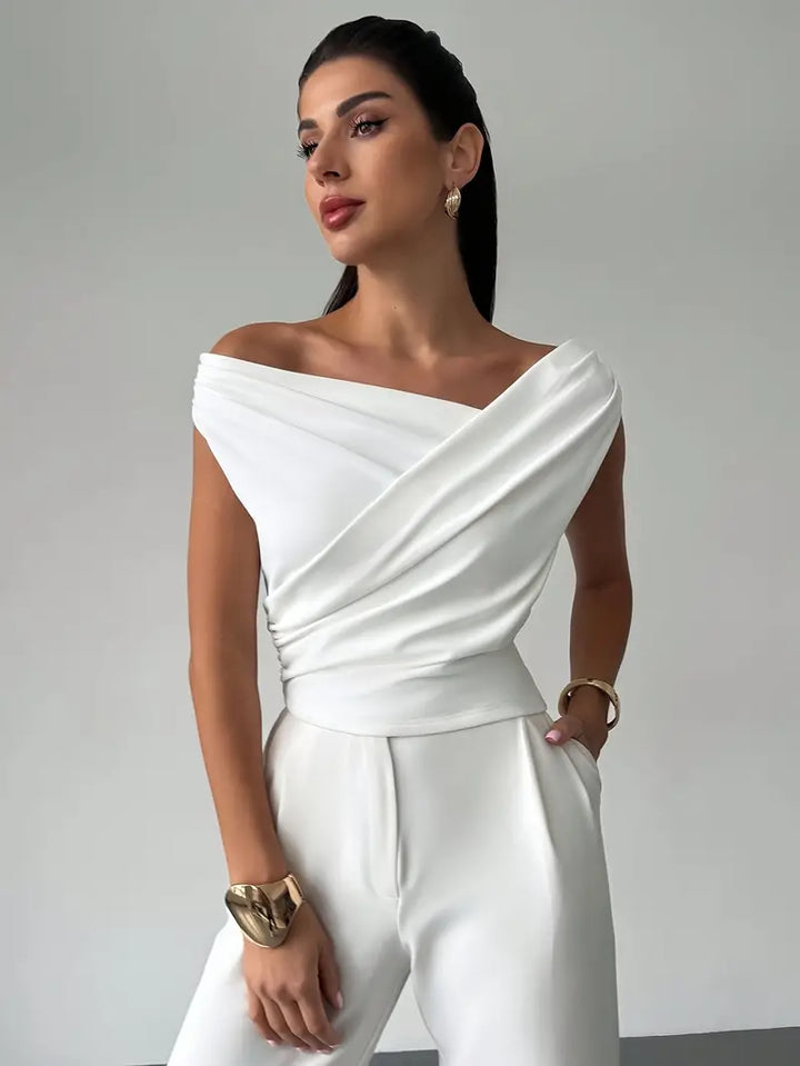 Women's Draped Shoulder Top in Cotton for Elegant Autumn Casual Wear