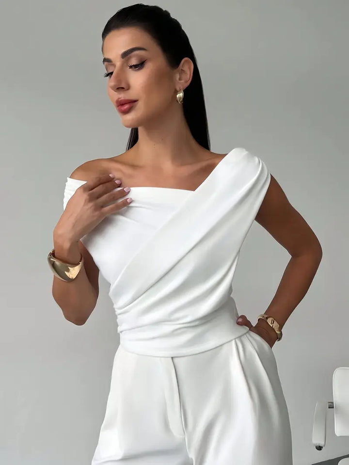 Women's Draped Shoulder Top in Cotton for Elegant Autumn Casual Wear