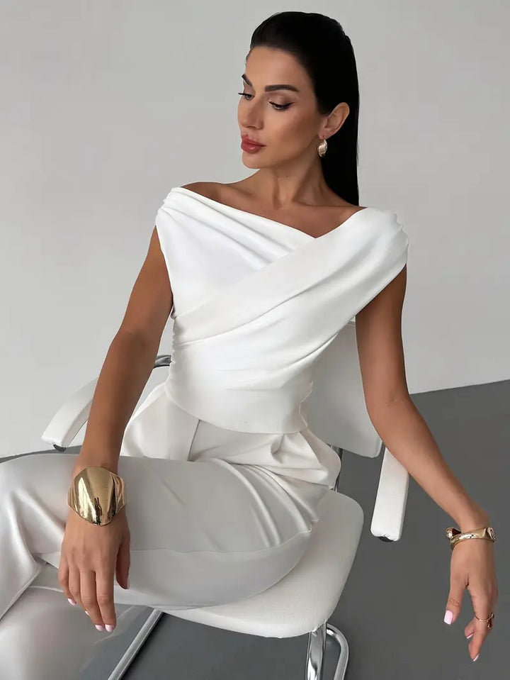 Women's Draped Shoulder Top in Cotton for Elegant Autumn Casual Wear