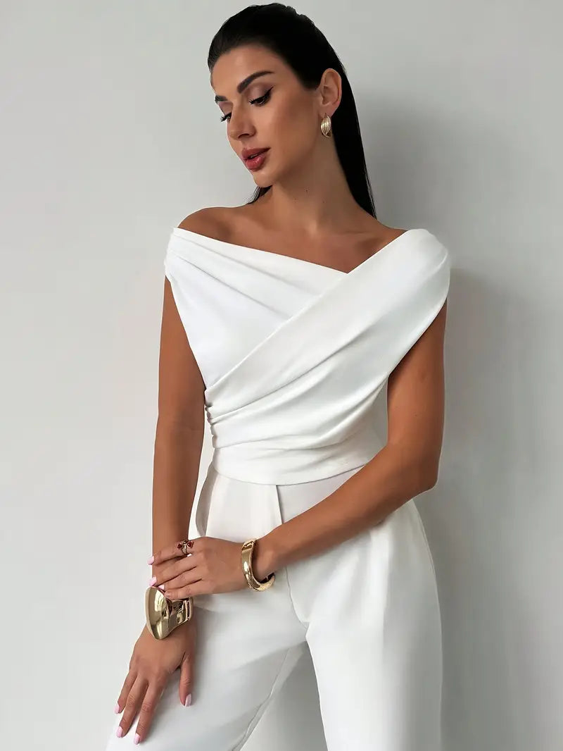 Women's Draped Shoulder Top in Cotton for Elegant Autumn Casual Wear