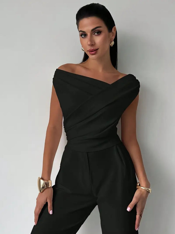 Women's Draped Shoulder Top in Cotton for Elegant Autumn Casual Wear