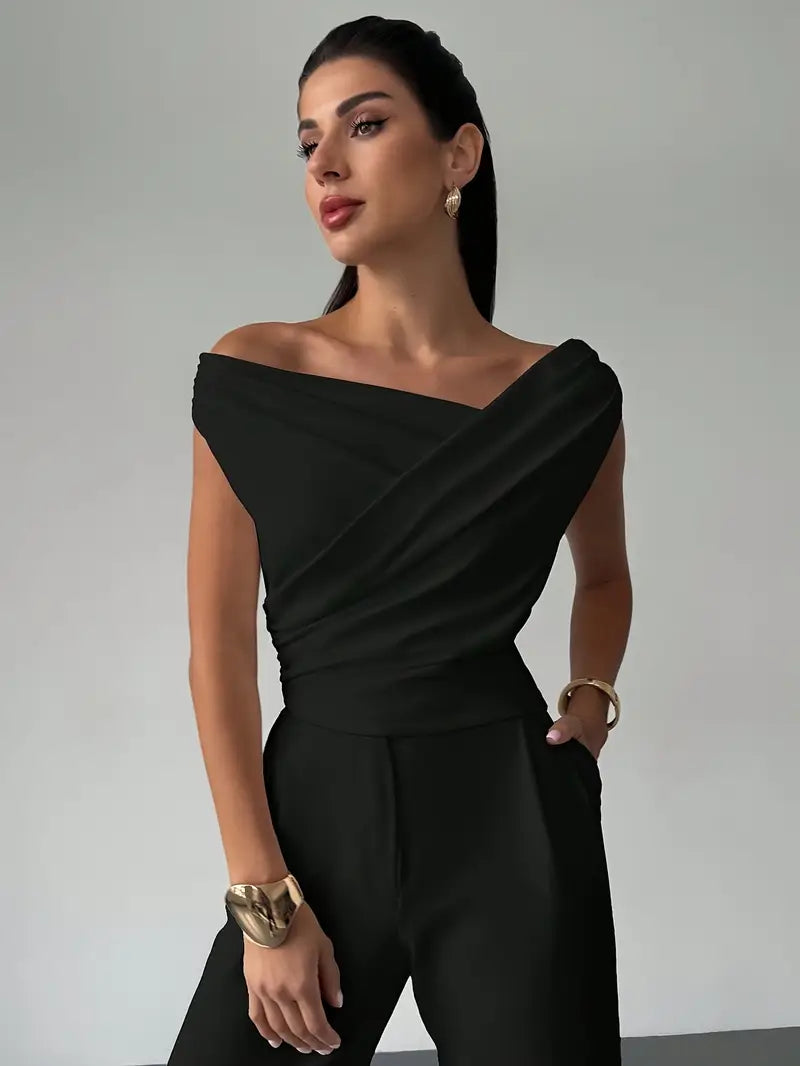 Women's Draped Shoulder Top in Cotton for Elegant Autumn Casual Wear