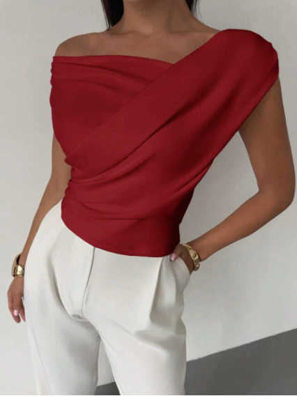 Women's Draped Shoulder Top in Cotton for Elegant Autumn Casual Wear