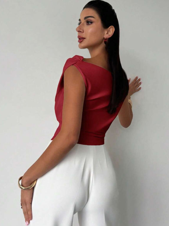 Women's Draped Shoulder Top in Cotton for Elegant Autumn Casual Wear
