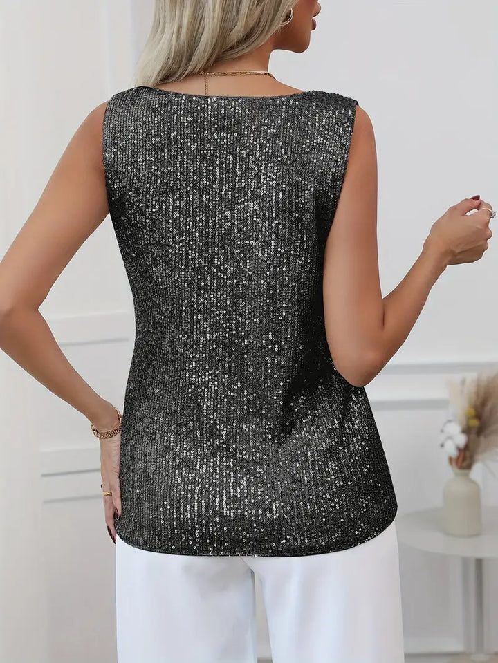 Women's Sparkling V-Neck Top Sleeveless Elegant Evening Blouse for Autumn
