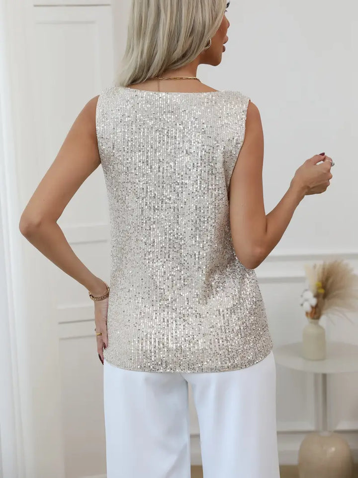 Women's Sparkling V-Neck Top Sleeveless Elegant Evening Blouse for Autumn
