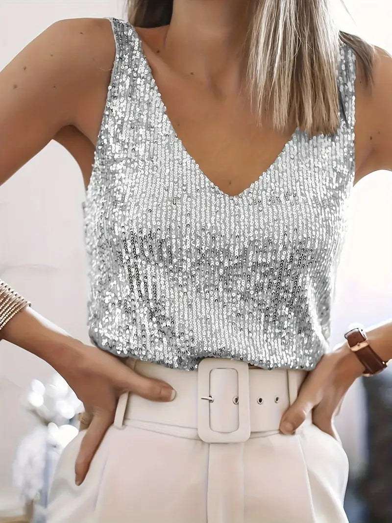 Women's Sparkling V-Neck Top Sleeveless Elegant Evening Blouse for Autumn