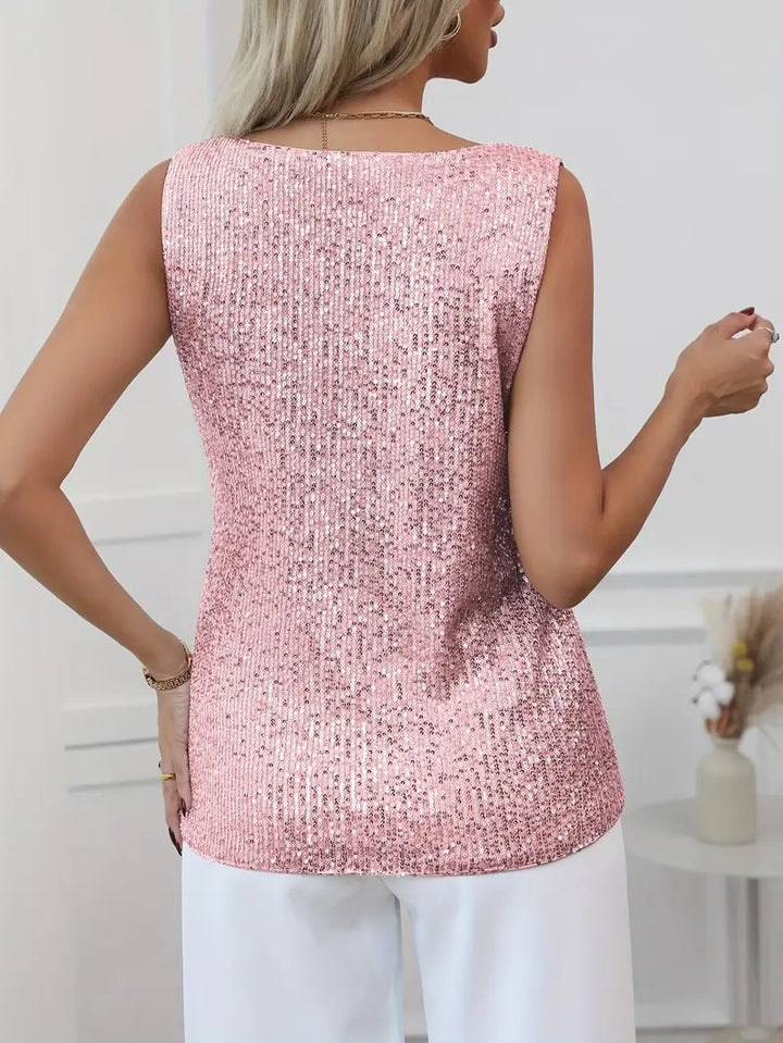 Women's Sparkling V-Neck Top Sleeveless Elegant Evening Blouse for Autumn