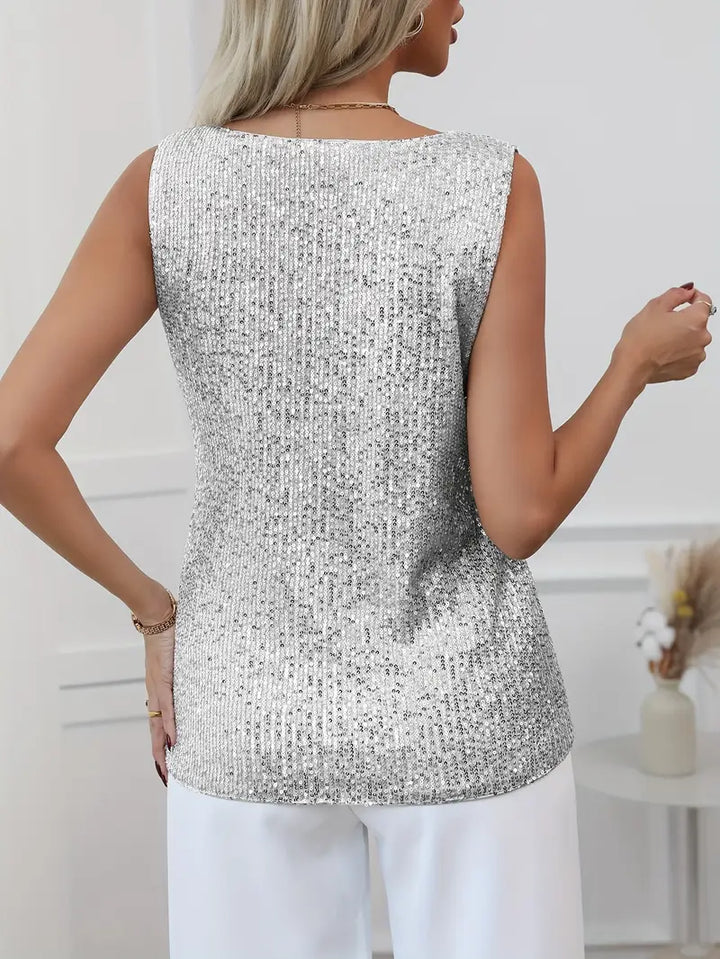 Women's Sparkling V-Neck Top Sleeveless Elegant Evening Blouse for Autumn