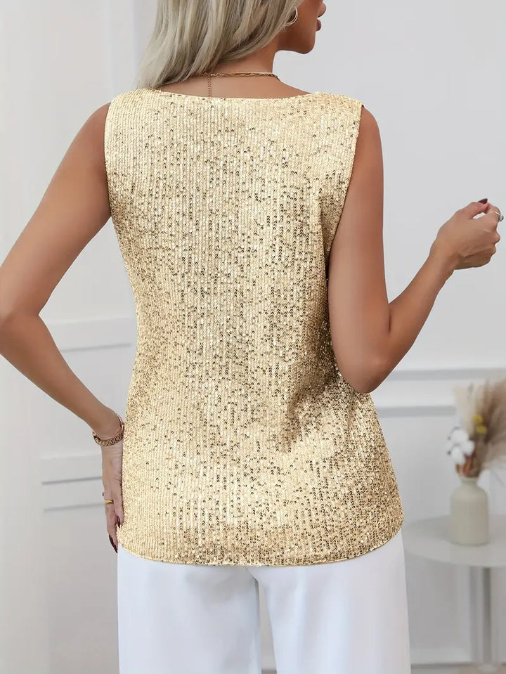Women's Sparkling V-Neck Top Sleeveless Elegant Evening Blouse for Autumn