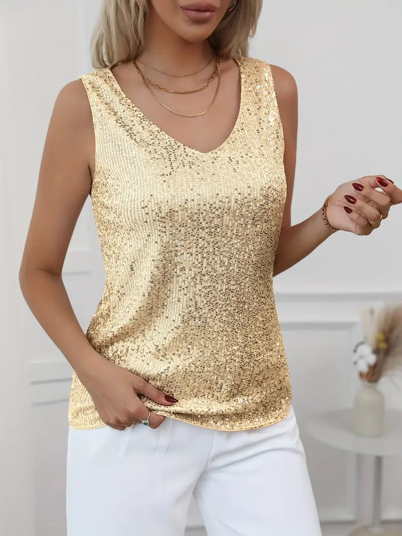 Women's Sparkling V-Neck Top Sleeveless Elegant Evening Blouse for Autumn