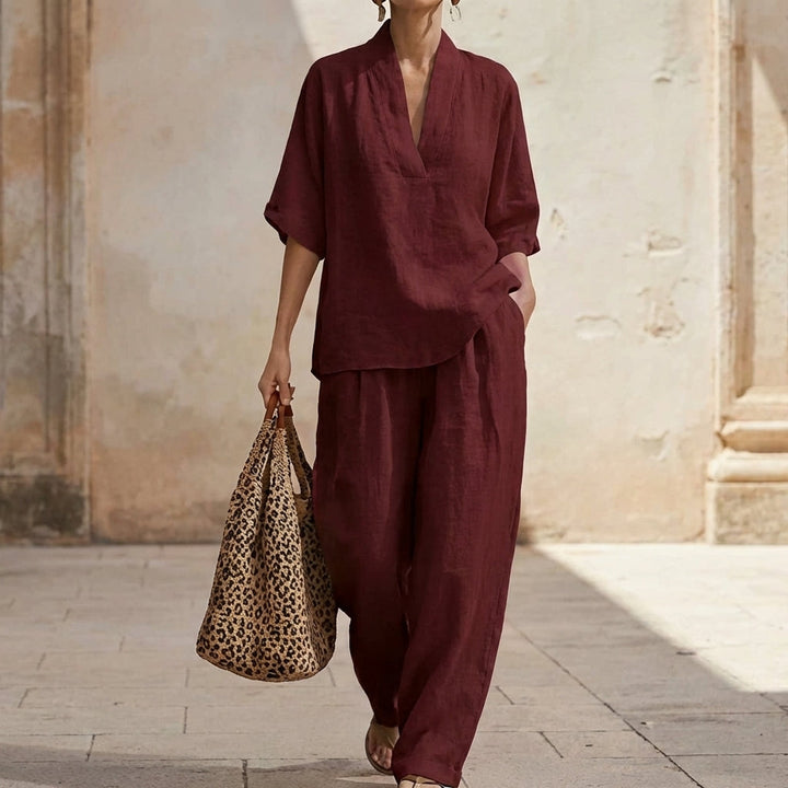 Women's Two-Piece Set with V-Neck Top and Wide-Leg Pants for Autumn