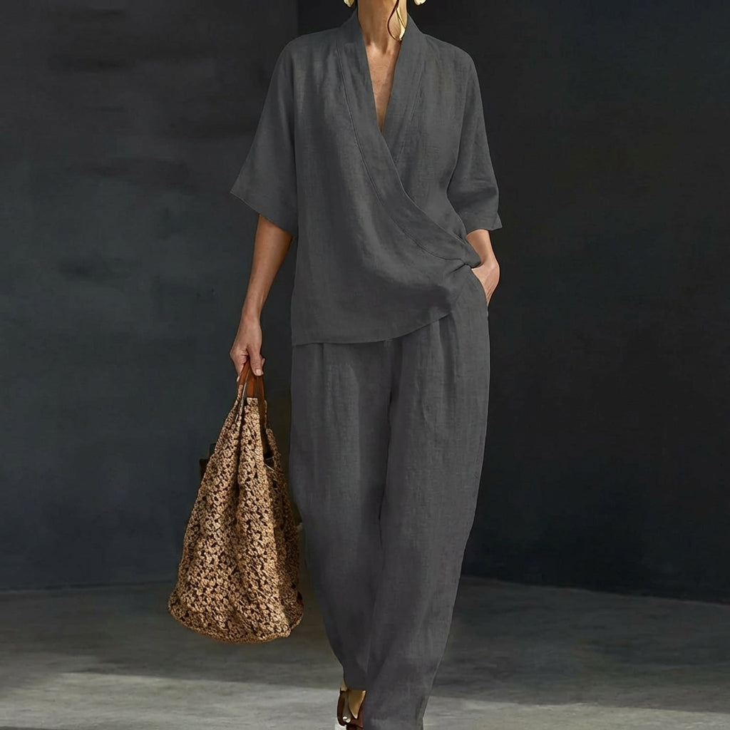 Women's Two-Piece Set with V-Neck Top and Wide-Leg Pants for Autumn