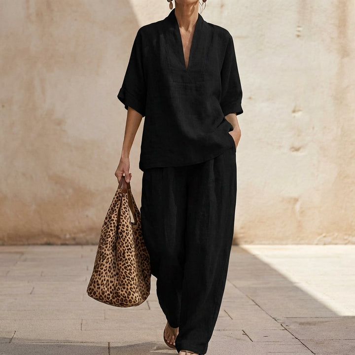 Women's Two-Piece Set with V-Neck Top and Wide-Leg Pants for Autumn