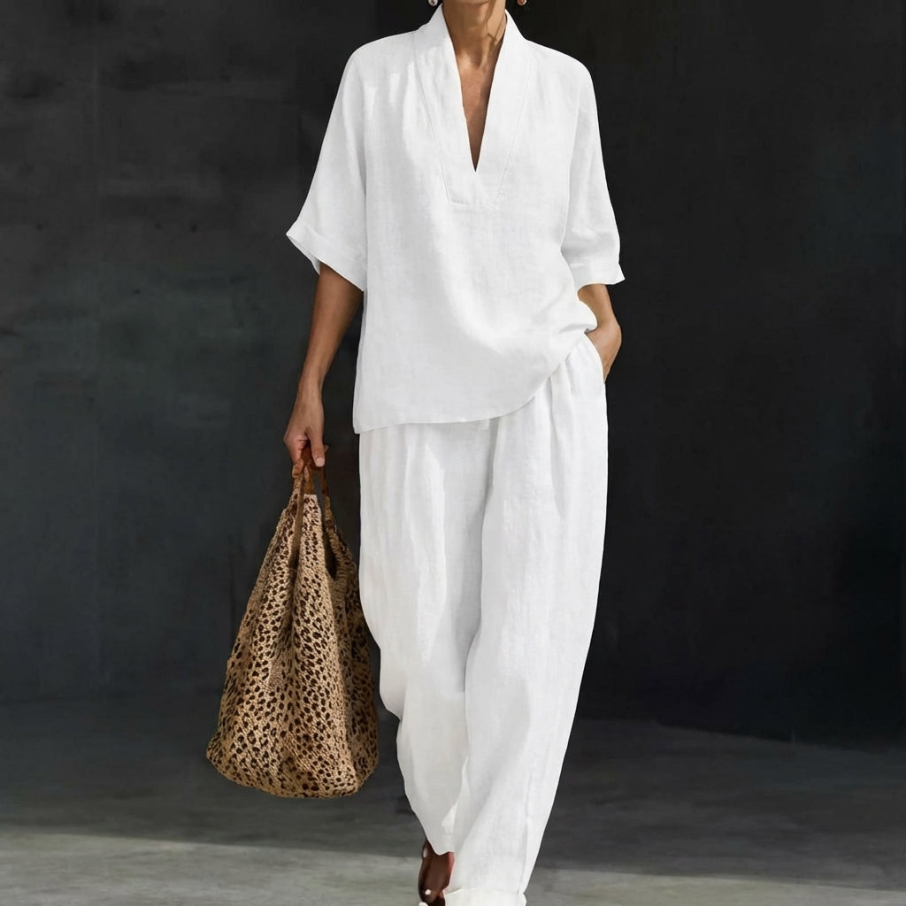 Women's Two-Piece Set with V-Neck Top and Wide-Leg Pants for Autumn