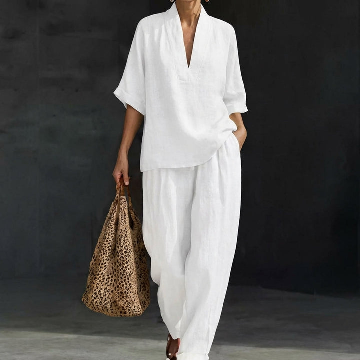 Women's Two-Piece Set with V-Neck Top and Wide-Leg Pants for Autumn