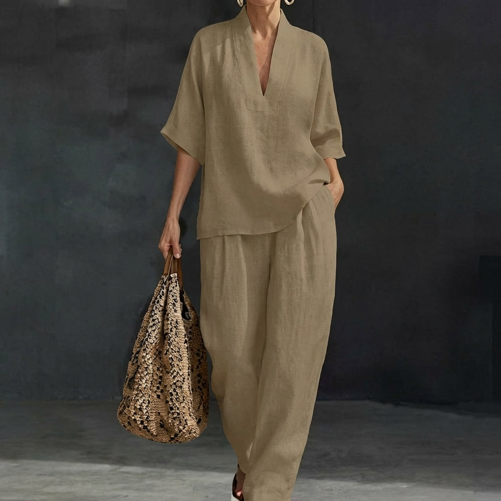 Women's Two-Piece Set with V-Neck Top and Wide-Leg Pants for Autumn
