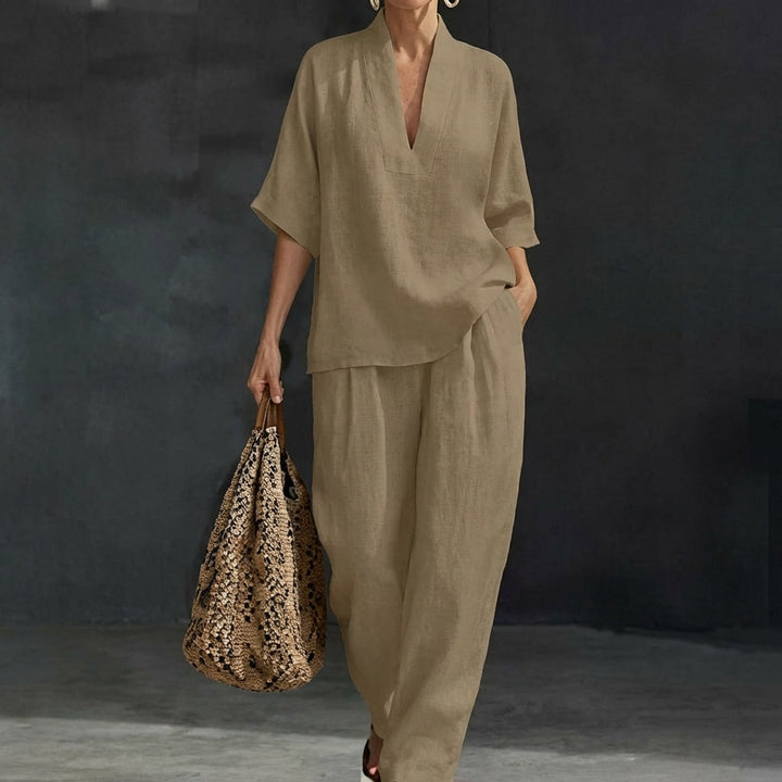 Women's Two-Piece Set with V-Neck Top and Wide-Leg Pants for Autumn