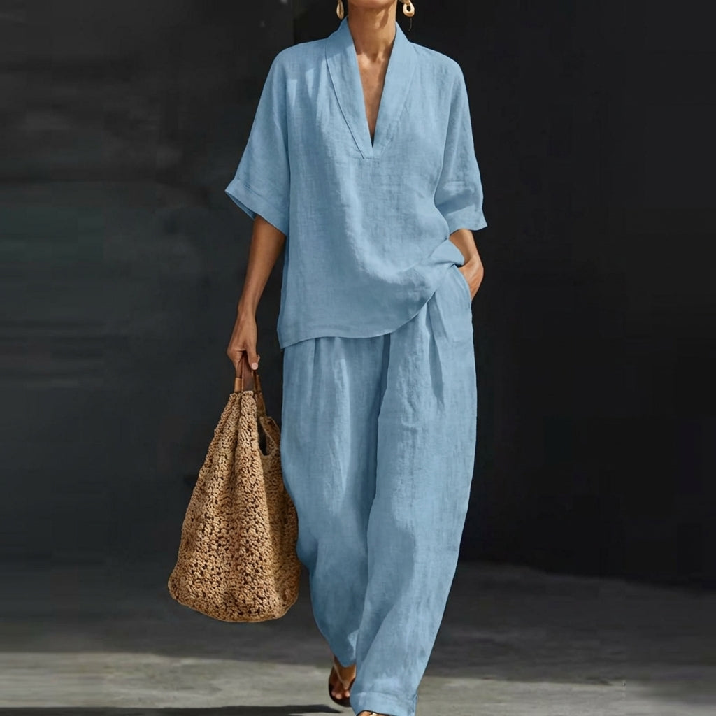 Women's Two-Piece Set with V-Neck Top and Wide-Leg Pants for Autumn