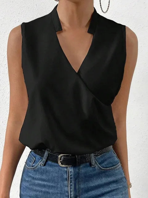 Women's Cotton V-Neck Wrap Top with Sleeveless Fluid Fit for Autumn