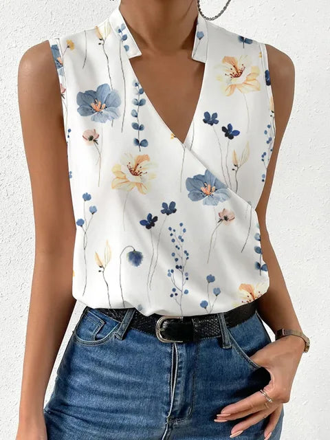 Women's Cotton V-Neck Wrap Top with Sleeveless Fluid Fit for Autumn