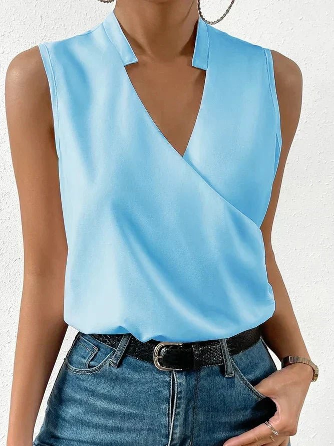 Women's Cotton V-Neck Wrap Top with Sleeveless Fluid Fit for Autumn