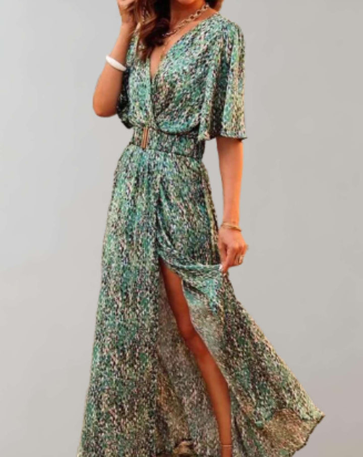 Elegant Printed Wrap Maxi Dress with Short Sleeves and Slit for Women
