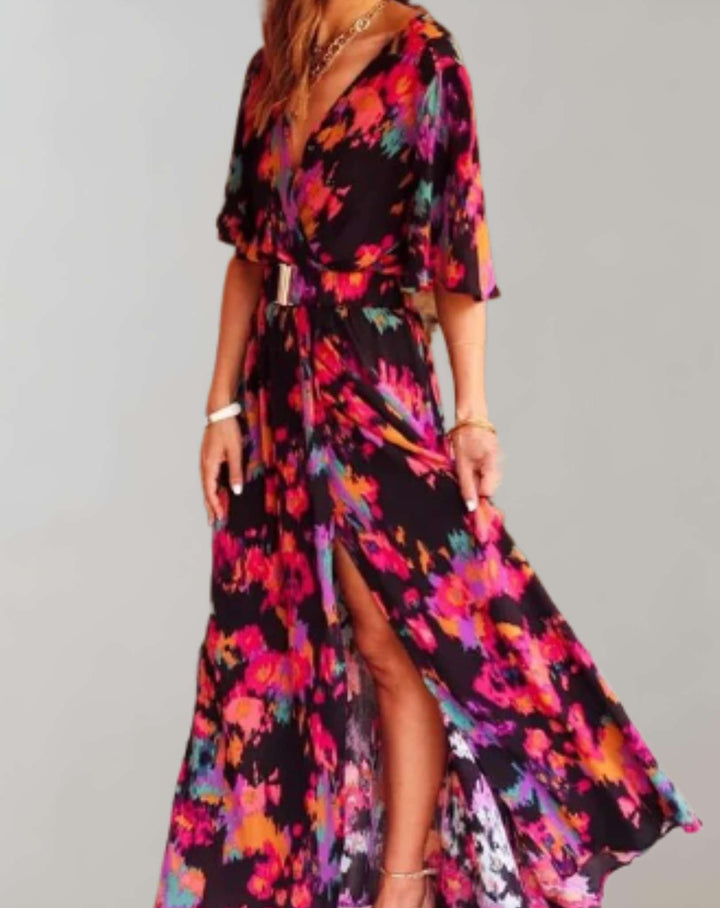 Elegant Printed Wrap Maxi Dress with Short Sleeves and Slit for Women