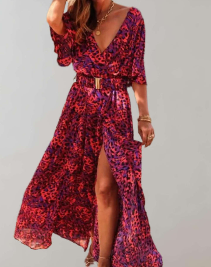 Elegant Printed Wrap Maxi Dress with Short Sleeves and Slit for Women