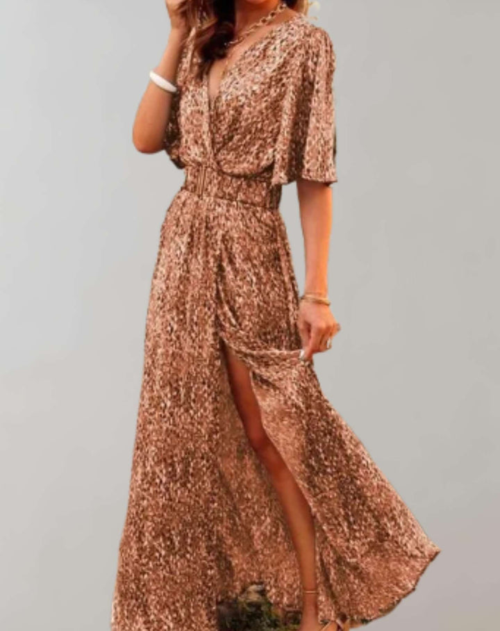Elegant Printed Wrap Maxi Dress with Short Sleeves and Slit for Women