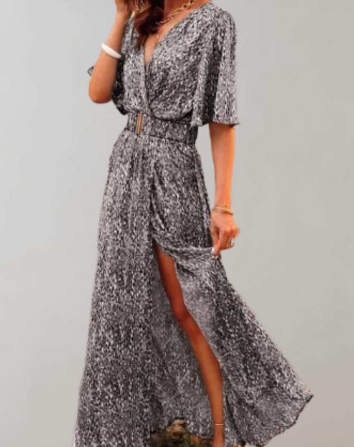 Elegant Printed Wrap Maxi Dress with Short Sleeves and Slit for Women
