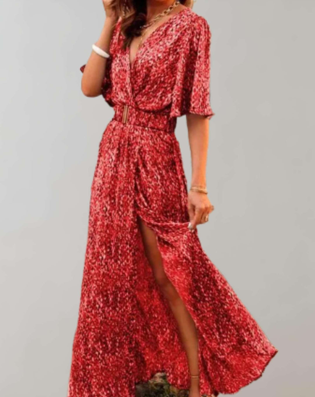 Elegant Printed Wrap Maxi Dress with Short Sleeves and Slit for Women
