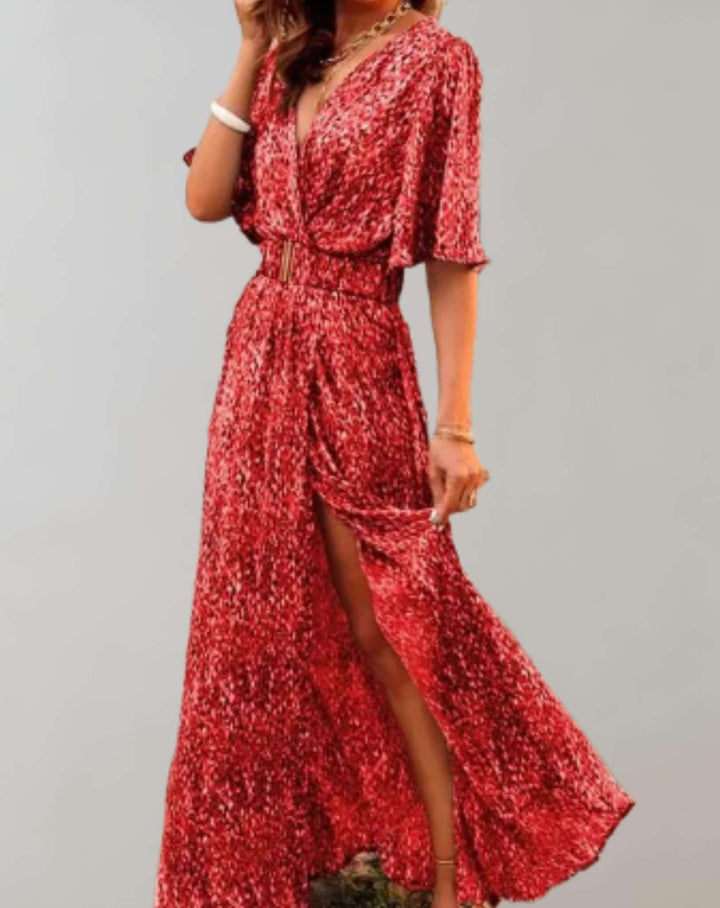 Elegant Printed Wrap Maxi Dress with Short Sleeves and Slit for Women